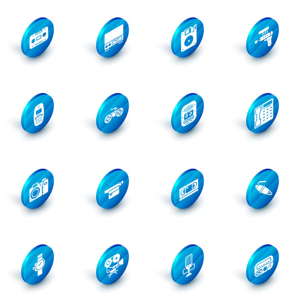 设置旧的视频磁带播放器，软盘，射线枪，手机，照片相机，手柄，电话听筒和磁带图标。向量图片下载