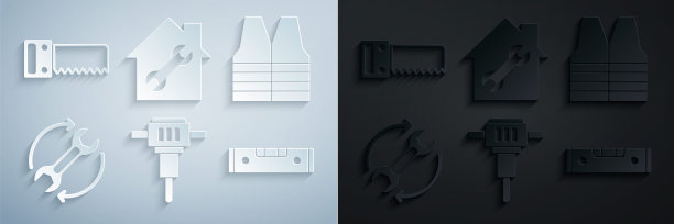 将施工手锤、安全背心、扳手和箭头设置为工作流程、气泡水平仪、房屋维修和手锯图标。向量图片下载