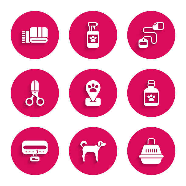 设置位置宠物美容，狗，宠物手提箱，药瓶，衣领与姓名标签，剪刀理发师，可伸缩绳皮带和毛巾堆栈图标。向量图片下载