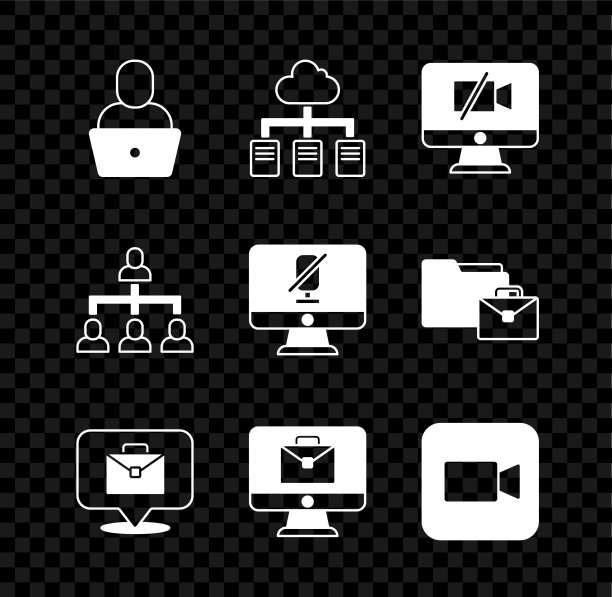 设置自由职业者，在线工作，摄像头关闭电脑，摄像头，层次组织图和静音麦克风图标。向量图片下载