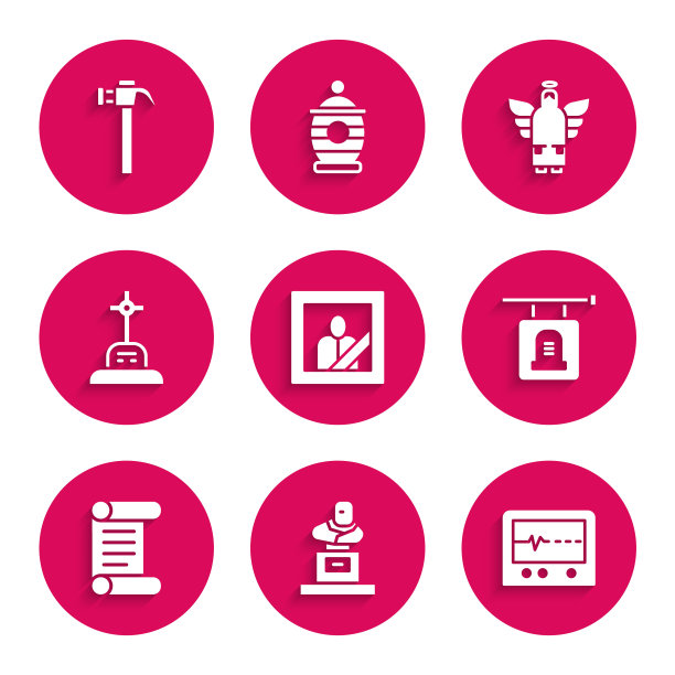 设置哀悼的相框，坟墓与墓碑，击败死亡监视器，招牌，法令，羊皮纸，卷轴，十字架，圣诞天使和锤子图标。向量图片下载