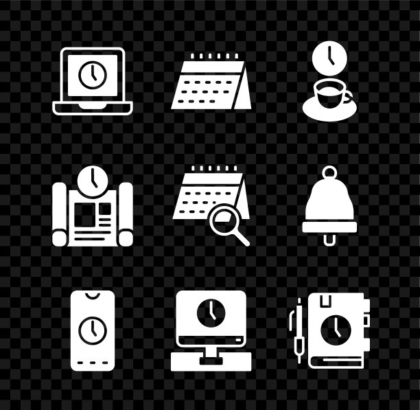 设置笔记本时间，日历，咖啡，闹钟应用手机，监视器，日报记事本，项目计划和搜索图标。向量图片下载