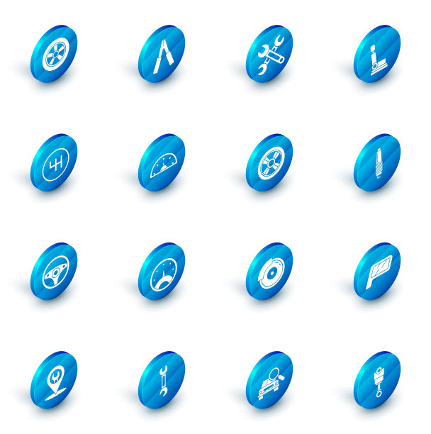 汽车蓄电池跳线、扳手、座椅、变速杆、方向盘、速度表、火花塞、图标。向量图片下载