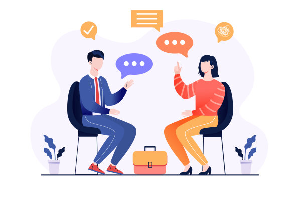 男性和女性角色坐在谈判桌前进行头脑风暴图片下载