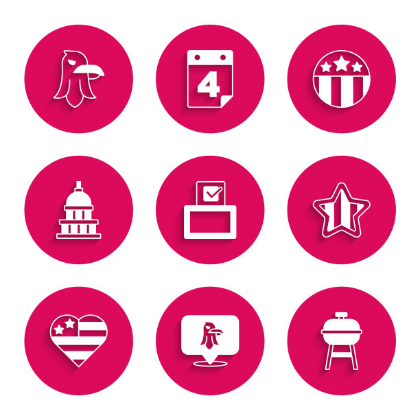 设置投票箱，鹰，烧烤架，美国独立日，白宫，奖章与星和图标。向量图片下载
