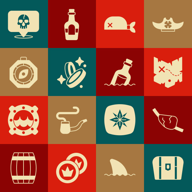 设置古董宝箱，海盗眼睛补丁，地图，头巾头，硬币，指南针，头骨和瓶子与信息水图标。向量图片下载