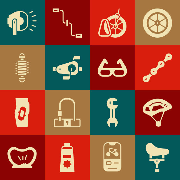 设置自行车座椅，头盔，链条，停车，踏板，悬挂，头灯和运动自行车太阳镜图标。向量图片下载