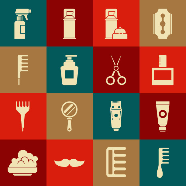 化妆刷，乳霜或乳液化妆管，须后水，剃须凝胶泡沫，洗发水瓶，理发师手枪喷雾瓶和剪刀理发师图标。向量图片下载
