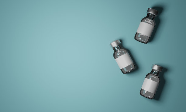 逼真的疫苗瓶3D插图与蓝色背景适合制作一个模型图片下载