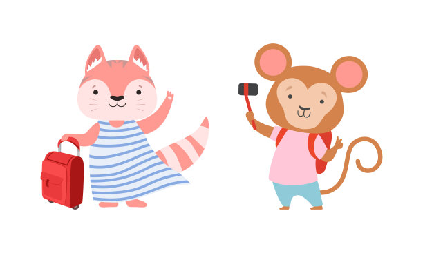 可爱的旅行婴儿动物集，有趣的猴子和狐狸字符去旅行卡通矢量插图图片下载
