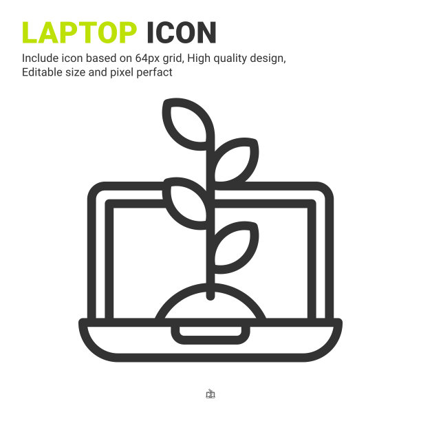 笔记本电脑和植物图标矢量与轮廓风格孤立在白色背景。矢量插图计算机符号符号图标概念数字农业，工业，农业，应用程序和所有项目图片下载