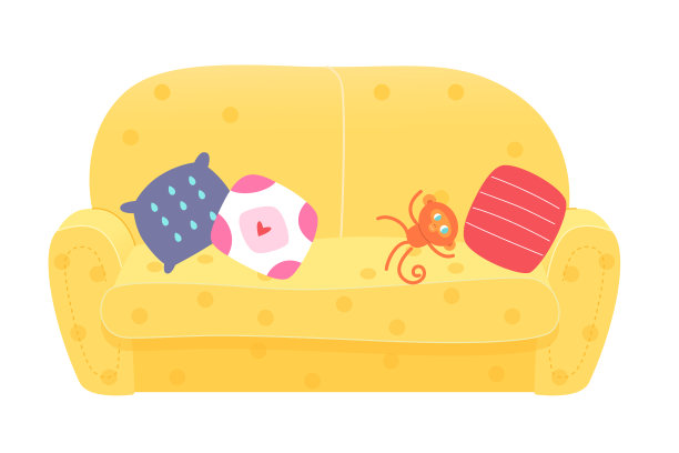 现代黄色沙发或沙发室内设计的背景元素。有枕头和猴子毛绒玩具的家俱。空舒适的区域休息和娱乐矢量插图图片下载