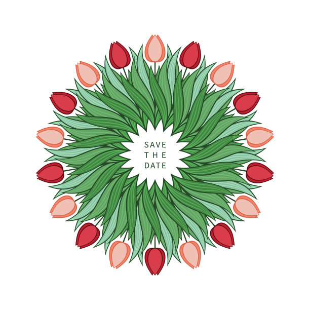 用郁金香的花和叶子框起来。花圈，花束与文字的地方。现代设计的请柬和卡片。向量图片下载