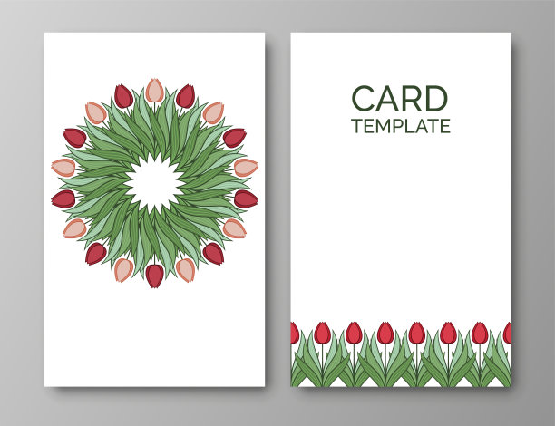 一套海报，背景与花和叶子的郁金香。来自春天花朵的装饰品和纹理。花环，有文字的框架。可爱的自然主题的邀请和卡片。向量图片下载