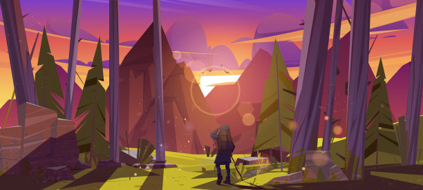 旅行者在森林与山景日落图片下载