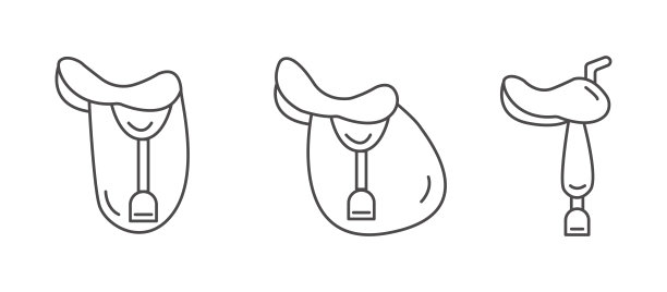 一套英语跳跃或盛装舞步马鞍平面轮廓图标。最小的标志为骑马学校，院子或农场，或马鞍安装。向量元素隔离在白色上。简单的线条插图。图片下载