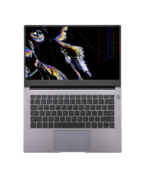 打开笔记本电脑与一个破碎的屏幕上的彩色斑点和裂缝孤立在白色背景上接近顶部视图图片下载