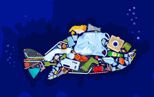 拯救海洋。不同的废物污染海洋和海滩。图片下载