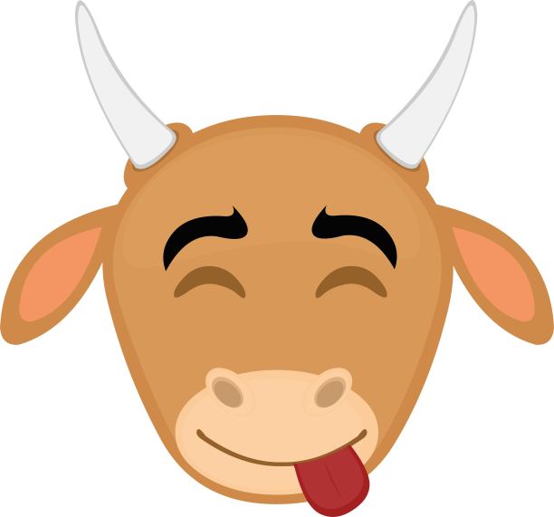 矢量表情插图的卡通奶牛的头与快乐的表情，闭上眼睛，伸出舌头图片下载