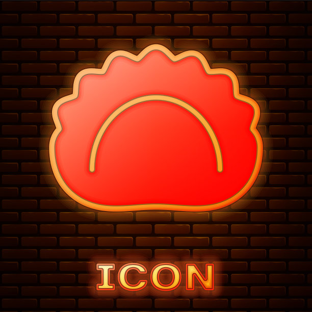 发光的霓虹灯饺子图标孤立在砖墙上图片下载