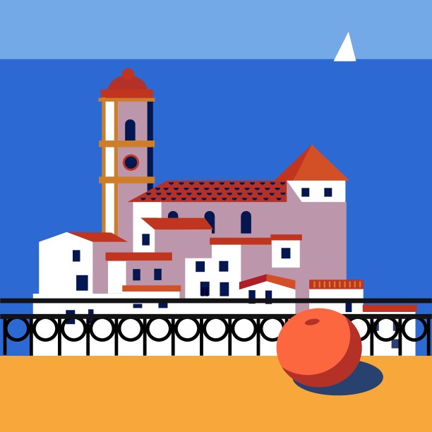 地中海景观与老城和海平面风格矢量插图图片下载