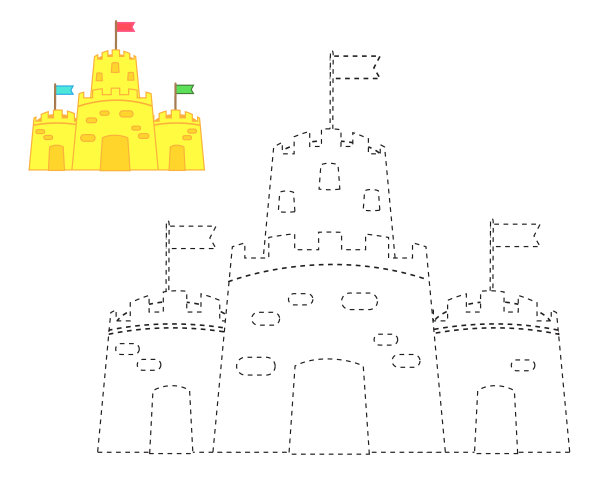 沙堡。完整的图片。教育孩子们的游戏。追踪线活动为幼儿暑假主题图片下载