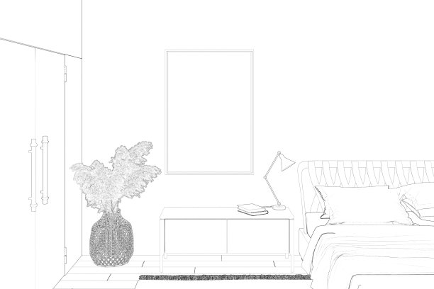 一幅现代卧室的素描，床头柜上方挂着一幅垂直海报，床头板是雕花的床，双开门旁边的网眼花篮里放着蒲苇，瓷砖地板上铺着地毯。图片下载