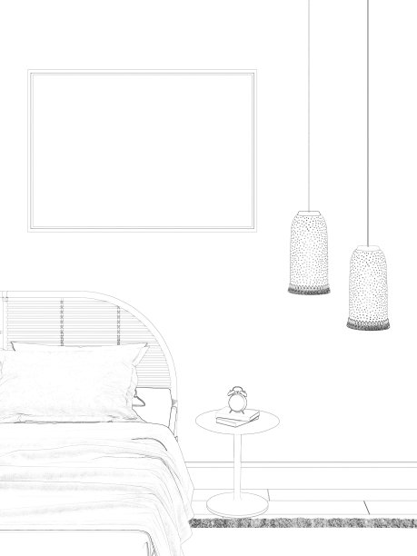 竹制床头板上方挂着一张卧式海报，雅致的床头柜旁放着两盏花窗灯，铺着瓷砖的地板上铺着地毯。前视图。图片下载