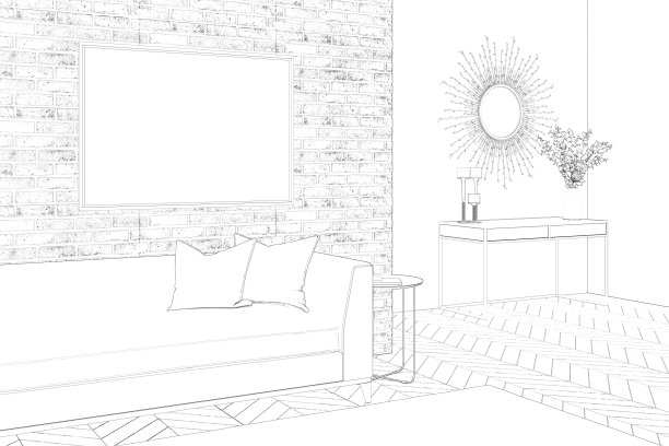 一幅现代客厅的素描:砖墙上的横向海报、沙发、拼花地板上的地毯、背景里的镜子、餐具柜上的花瓶里插着一束花。图片下载