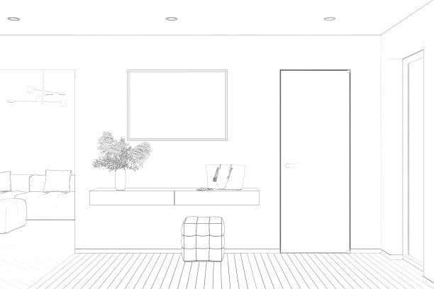 入口走廊的素描，上面有一张空白的横向海报，柜子上放着花瓶里的蒲苇，拼花地板上有一个坐垫，有两扇门，一扇门通向客厅，里面有一张沙发。图片下载