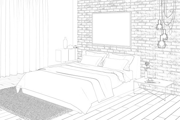 这是一间现代卧室的草图，砖墙上挂着横向海报，枝形吊灯，床旁边有一张咖啡桌，瓷砖地板上铺着地毯，背景中窗户旁边有一块镶边石。图片下载
