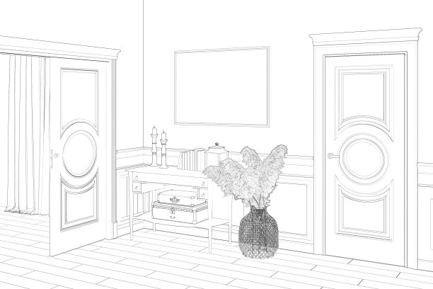 大厅的草图是现代古典风格的，在一个装饰柜上有一个水平海报，藤条篮子里有蒲苇，两扇门，墙上有镶板，地板上有瓷砖。图片下载