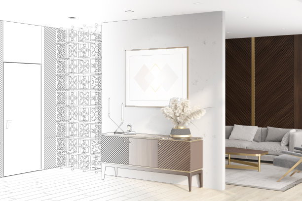 一幅素描变成了一间真正的豪华客厅，路边石上挂着一幅横向海报，一扇门，深色的木板墙板，装饰性的隔断，一张沙发，背景是一张咖啡桌。图片下载