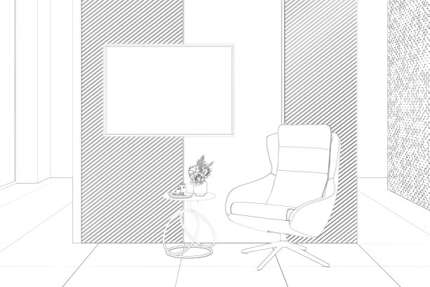 在墙板上有一幅横向海报，咖啡桌上有一个花瓶，扶手椅旁边有一个花瓶，瓷砖地板，背景是客厅内部。图片下载