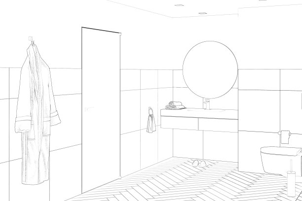 现代浴室的草图，瓷砖的墙壁和地板，一个圆形镜子上方的脸盆，一个橱柜，一个卫生间，浴袍靠近门图片下载