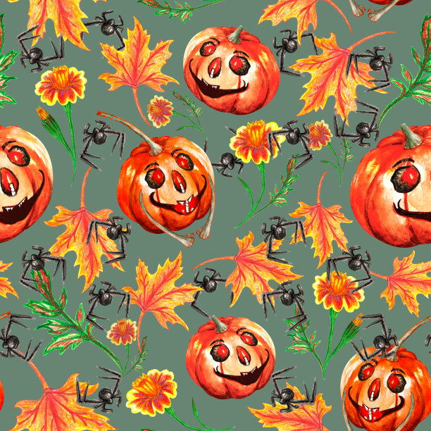 万圣节无缝图案，一个普通的南瓜刻着欢快的微笑。杰克的灯。秋天的背景。图片下载