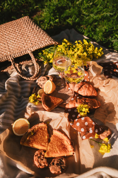 野餐概念杯酒面包在户外毯子上图片下载