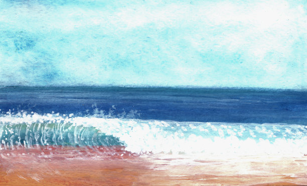 水粉画出蓝色平静的海浪图片下载