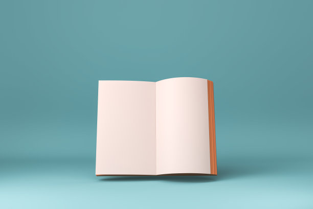 空白打开杂志或书浮动在蓝色背景。最小的概念创意。3 d渲染。图片下载