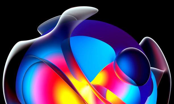 抽象艺术的3d渲染，部分超现实的异域花球体或曲线的球形波浪螺旋线形成透明的塑料材料与霓虹灯发光的蓝色部分与黄色核心的黑色背景图片下载