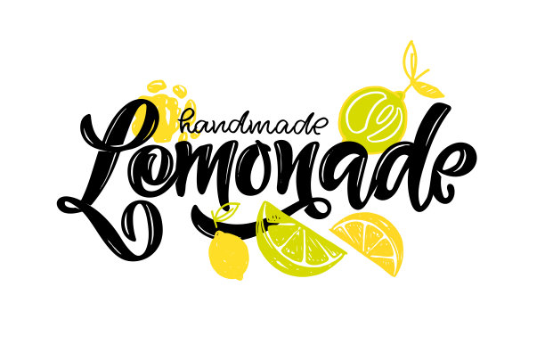 可爱的手绘涂鸦字母标签-柑橘自制柠檬水。Lemobade标签为海报，横幅，t恤设计。图片下载
