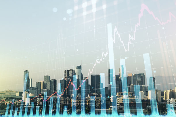 多重曝光虚拟抽象的财务图表上的洛杉矶办公楼背景，银行和会计的概念图片下载