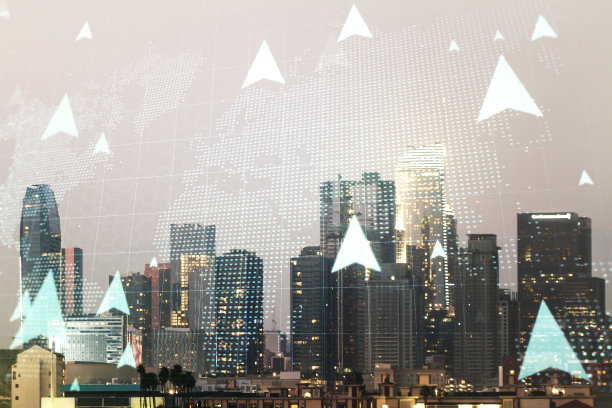 摘要虚拟地理位置地图草图在洛杉矶办公大楼的背景，GPS跟踪和导航的概念。双重曝光图片下载