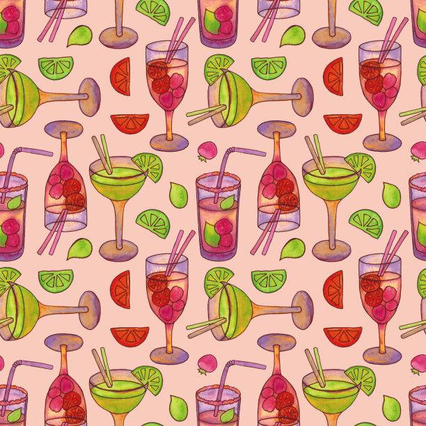 无缝模式与鸡尾酒吸管和水果。图片下载
