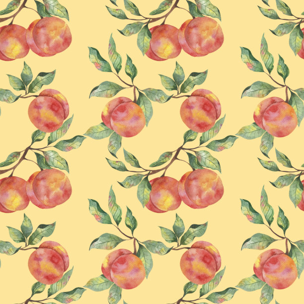 水彩图案上有水果，成熟的桃子枝叶上有黄色的背景。图片下载