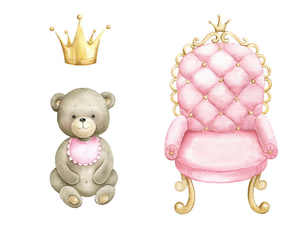可爱的小熊，粉红色的扶手椅和金色的皇冠。图片下载