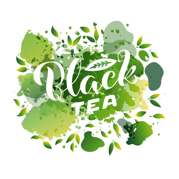 红茶手写文字在绿色水彩背景图片下载