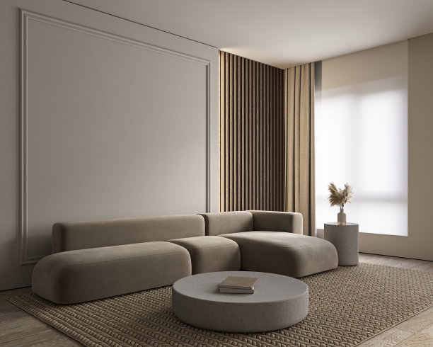 现代经典的室内与沙发，线条，窗帘和装饰。3d渲染插图模型。图片下载