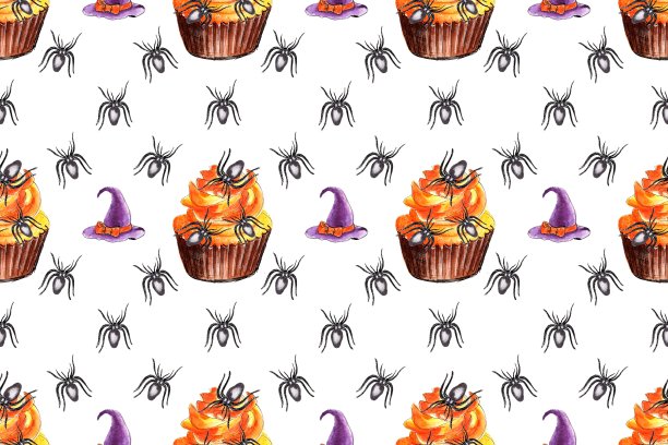 万圣节糖果，无缝模式。带着魔法帽和蜘蛛的蛋糕。水彩手绘插图图片下载