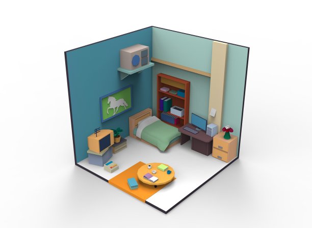 低聚卡通儿童房3d插图3d渲染图片下载